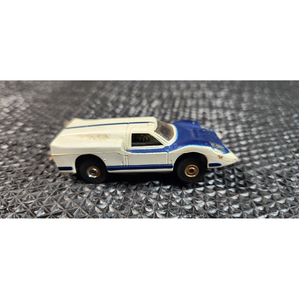 Vintage White Plastic Electric Slot Racing Toy Car Blue Stripes Track 1970s